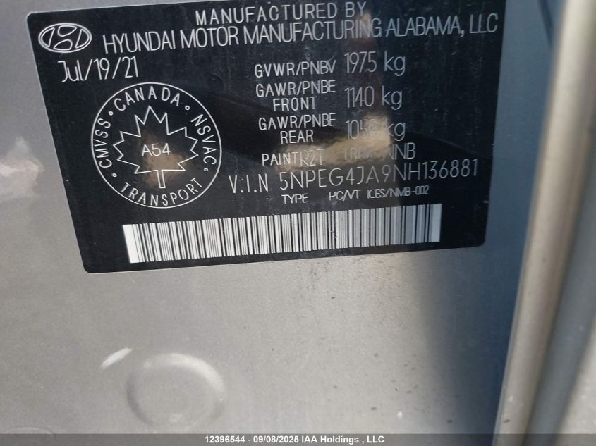 2022 Hyundai Sonata Preferred VIN: 5NPEG4JA9NH136881 Lot: 12396544