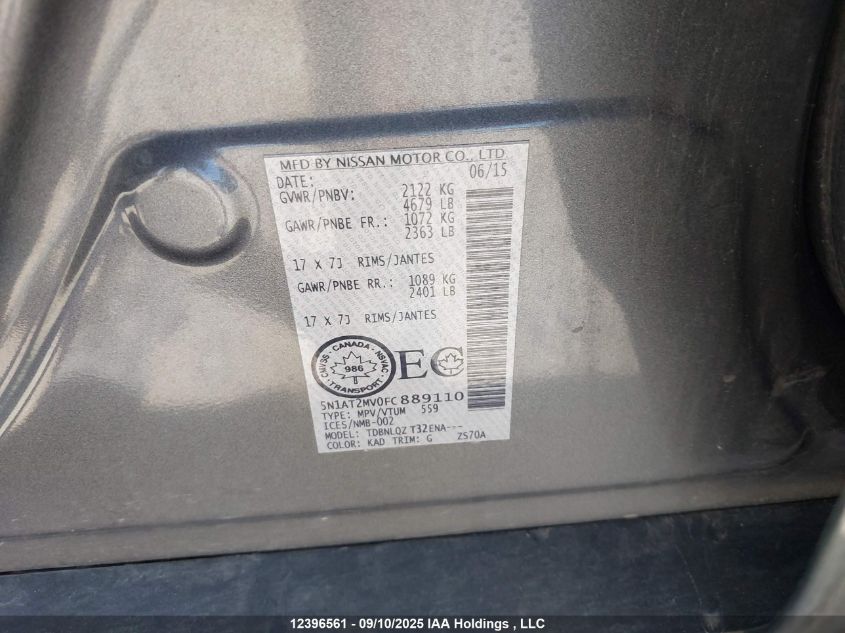 2015 Nissan Rogue S/Sl/Sv VIN: 5N1AT2MV0FC889110 Lot: 12396561