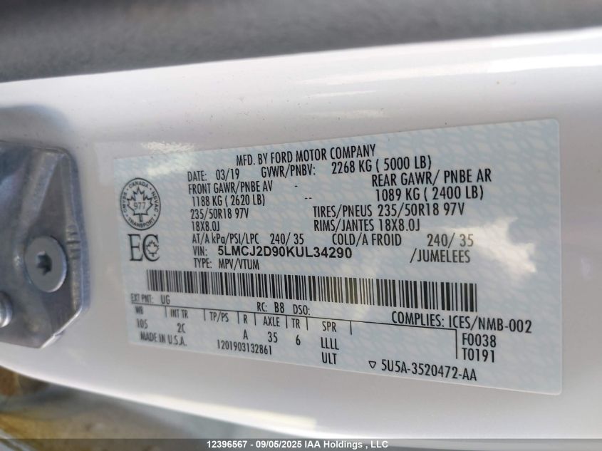 2019 Lincoln Mkc Select VIN: 5LMCJ2D90KUL34290 Lot: 12396567