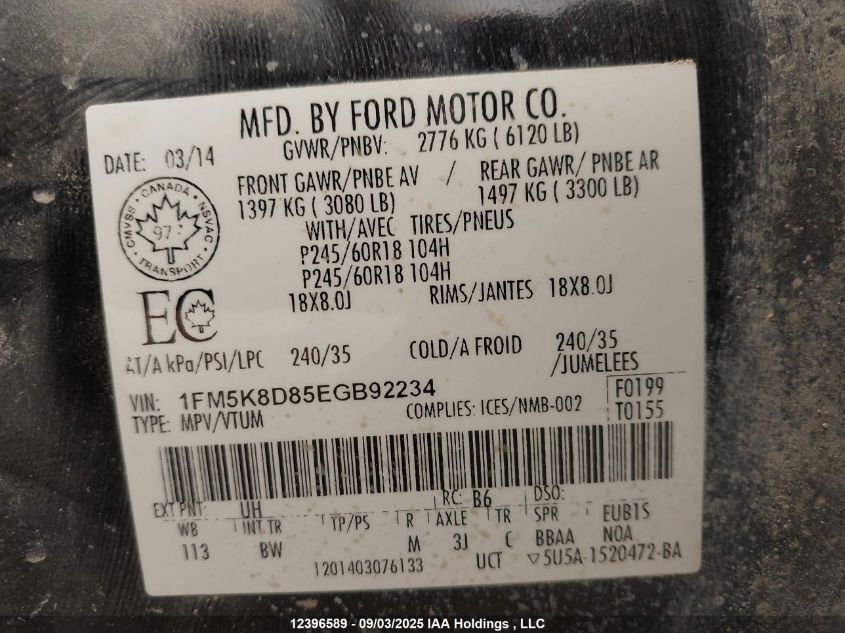 2014 Ford Explorer Xlt VIN: 1FM5K8D85EGB92234 Lot: 12396589