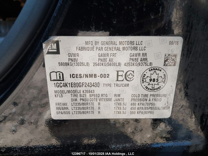 2016 Chevrolet 3500 Silverado VIN: 1GC4K1E80GF243430 Lot: 12396717