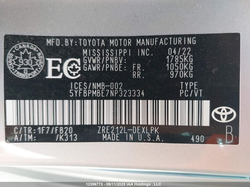 2022 Toyota Corolla Le VIN: 5YFBPMBE7NP323334 Lot: 12396773