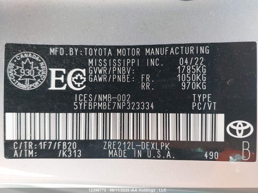 2022 Toyota Corolla Le VIN: 5YFBPMBE7NP323334 Lot: 12396773