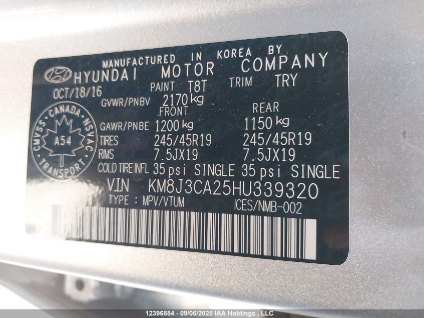 2017 Hyundai Tucson Se VIN: KM8J3CA25HU339320 Lot: 12396884