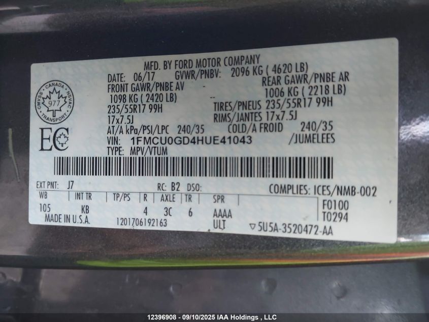 2017 Ford Escape Se VIN: 1FMCU0GD4HUE41043 Lot: 12396908