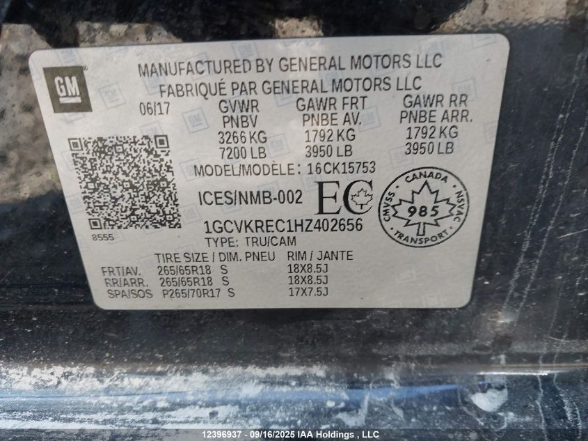 2017 Chevrolet Silverado 1500 1Lt/2Lt VIN: 1GCVKREC1HZ402656 Lot: 12396937