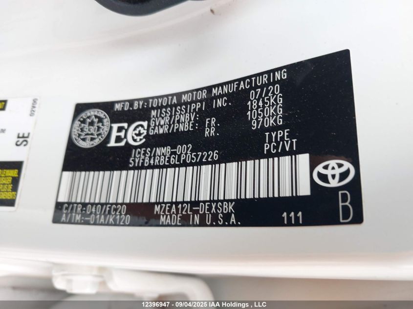 2020 Toyota Corolla Se/Xse VIN: 5YFB4RBE6LP057226 Lot: 12396947