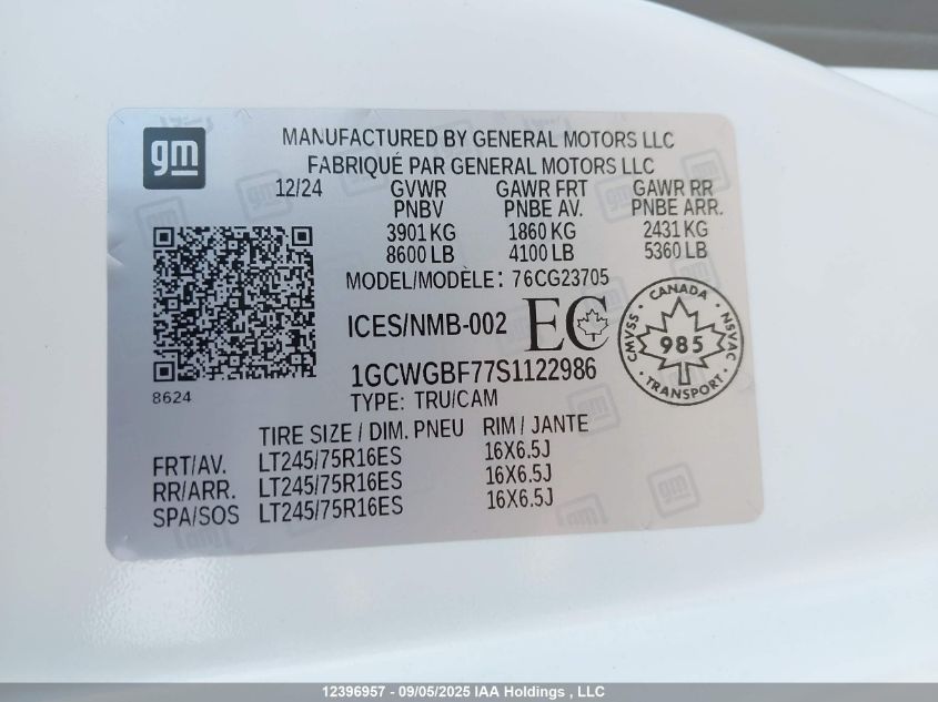 2025 Chevrolet Express G2500 VIN: 1GCWGBF77S1122986 Lot: 12396957