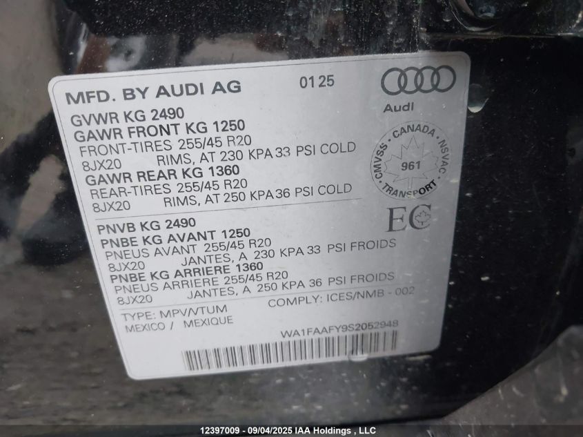 2025 Audi Q5 Prestige 45 VIN: WA1FAAFY9S2052948 Lot: 12397009