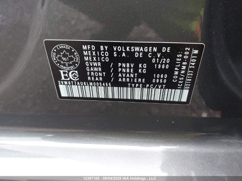 2020 Volkswagen Golf Gti Autobahn VIN: 3VW6T7AU6LM005455 Lot: 12397105