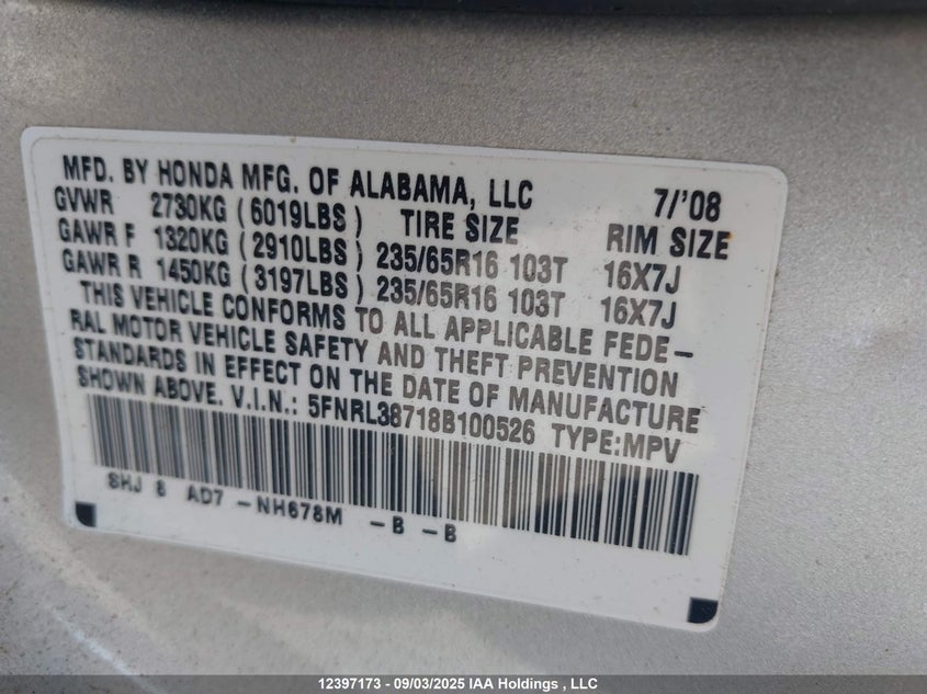 2008 Honda Odyssey VIN: 5FNRL38718B100526 Lot: 12397173