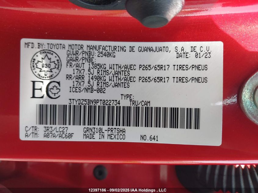 2023 Toyota Tacoma Double Cab/Sr5/Trd Sport/Trd Off Road VIN: 3TYDZ5BN9PT022734 Lot: 12397186