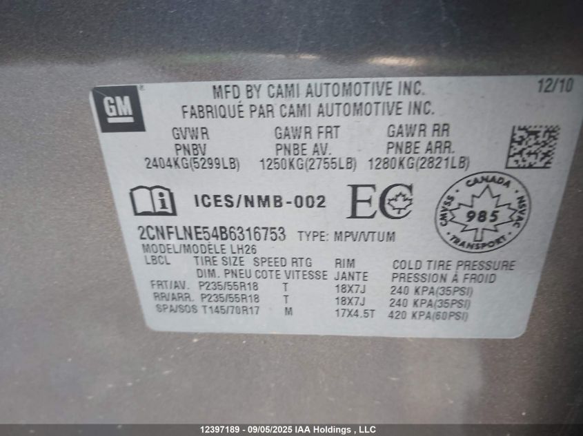 2011 Chevrolet Equinox Lt VIN: 2CNFLNE54B6316753 Lot: 12397189