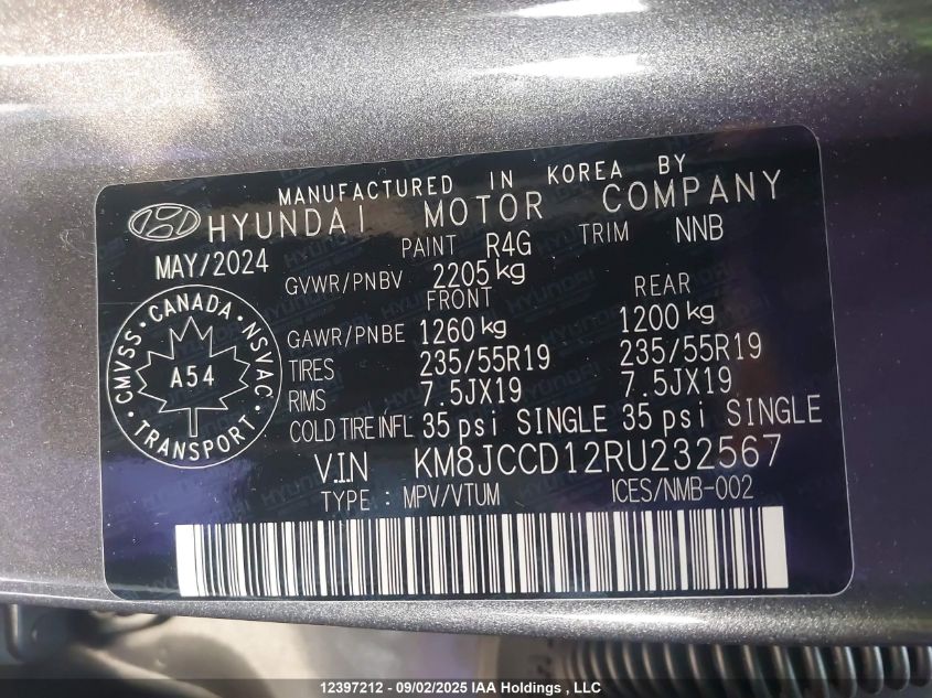 2024 Hyundai Tucson Luxury Awd VIN: KM8JCCD12RU232567 Lot: 12397212