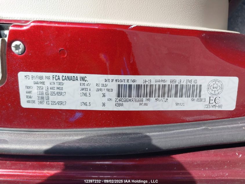 2019 Dodge Grand Caravan Se VIN: 2C4RDGBGXKR783688 Lot: 12397232