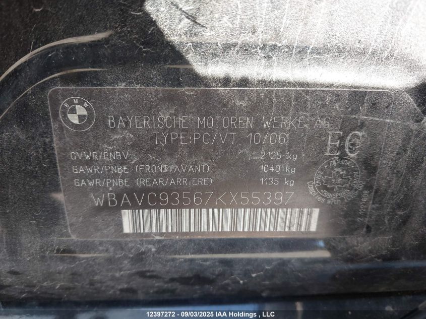 2007 BMW 328 Xi VIN: WBAVC93567KX55397 Lot: 12397272