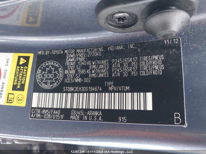 5TDBK3EH3DS194674 2013 TOYOTA HIGHLANDER photo no. 9