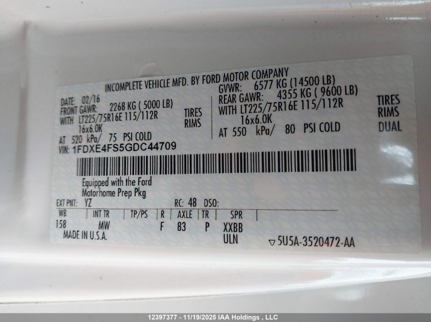 2016 Ford Econoline E450 Super Duty Cutwy Van VIN: 1FDXE4FS5GDC44709 Lot: 12397377