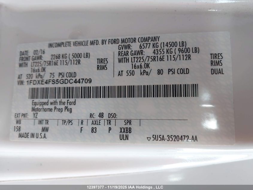 2016 Ford Econoline E450 Super Duty Cutwy Van VIN: 1FDXE4FS5GDC44709 Lot: 12397377