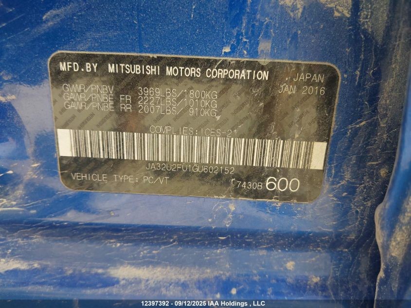 2016 Mitsubishi Lancer Es/Se Ltd VIN: JA32U2FU1GU602152 Lot: 12397392