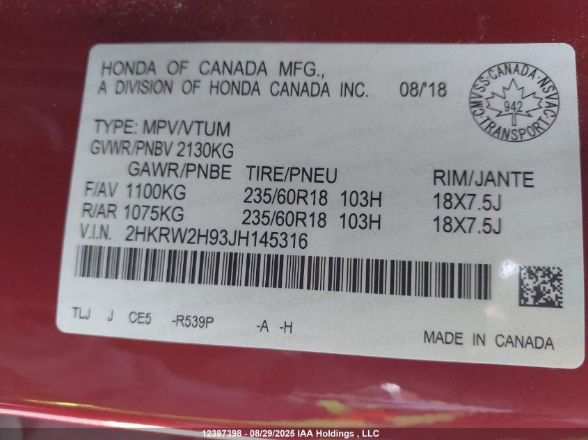 2018 Honda Cr-V Touring VIN: 2HKRW2H93JH145316 Lot: 12397398