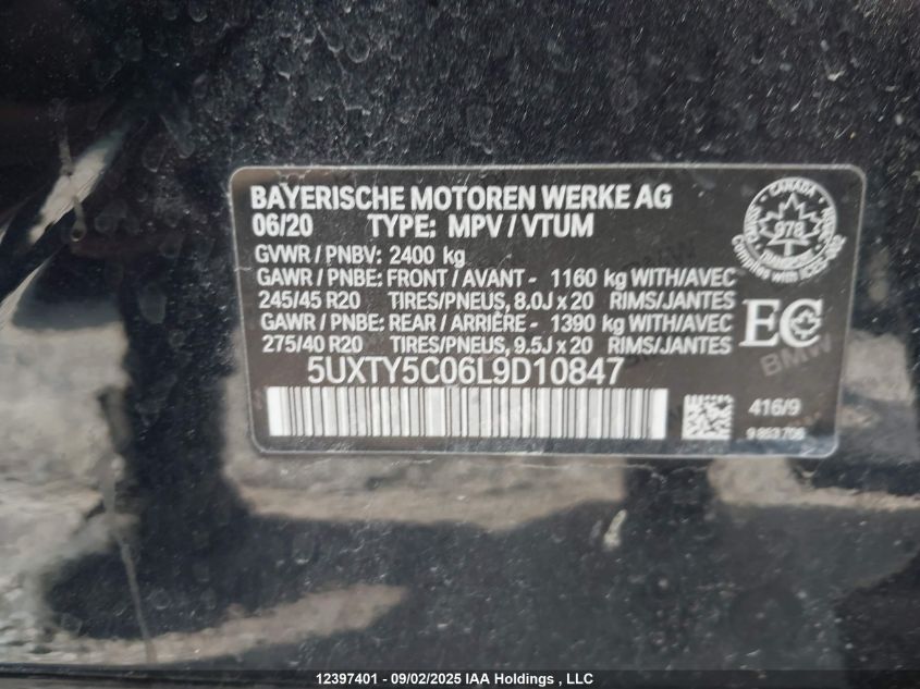 2020 BMW X3 VIN: 5UXTY5C06L9D10847 Lot: 12397401