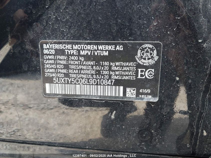 2020 BMW X3 VIN: 5UXTY5C06L9D10847 Lot: 12397401