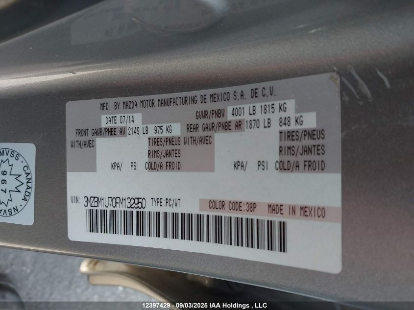 2015 Mazda Mazda3 VIN: 3MZBM1U70FM132950 Lot: 12397429