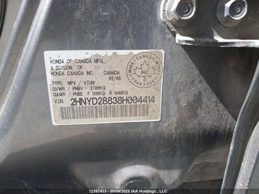 2008 Acura Mdx VIN: 2HNYD28838H004414 Lot: 12397433