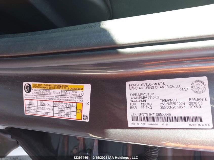 2025 Honda Pilot VIN: 5FNYG1H71SB500646 Lot: 12397446