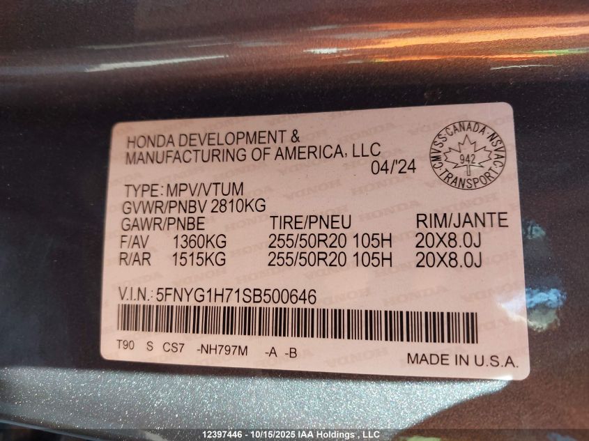 2025 Honda Pilot VIN: 5FNYG1H71SB500646 Lot: 12397446