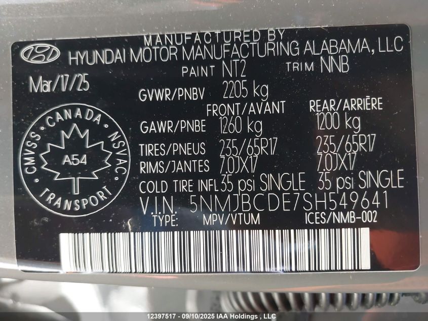 2025 Hyundai Tucson Preferred VIN: 5NMJBCDE7SH549641 Lot: 12397517