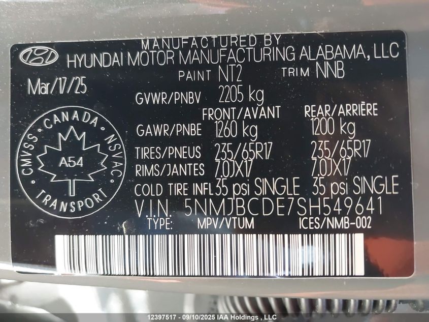 2025 Hyundai Tucson Preferred VIN: 5NMJBCDE7SH549641 Lot: 12397517