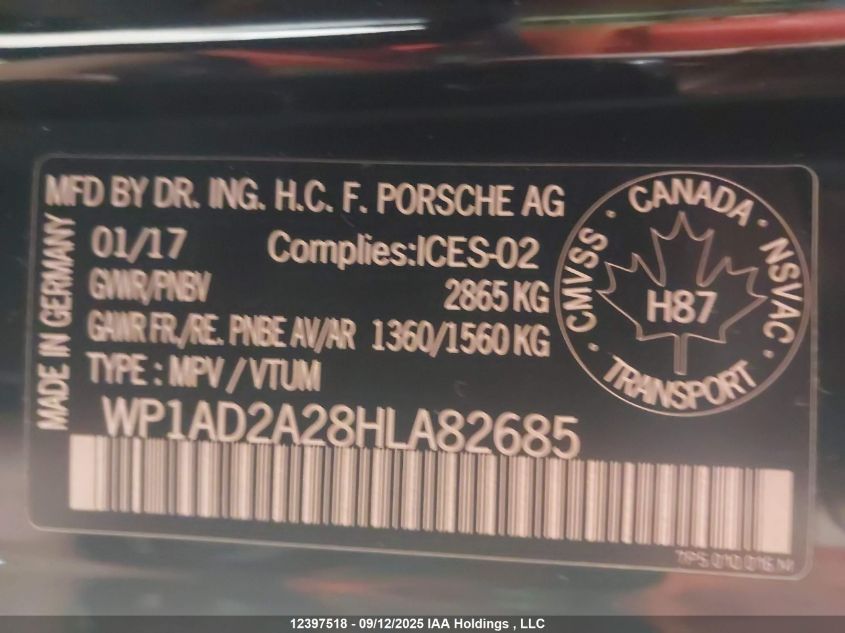 2017 Porsche Cayenne Gts VIN: WP1AD2A28HLA82685 Lot: 12397518