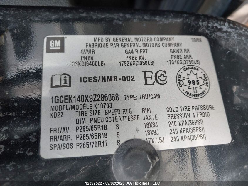 2009 Chevrolet Silverado K1500 VIN: 1GCEK140X9Z286058 Lot: 12397522