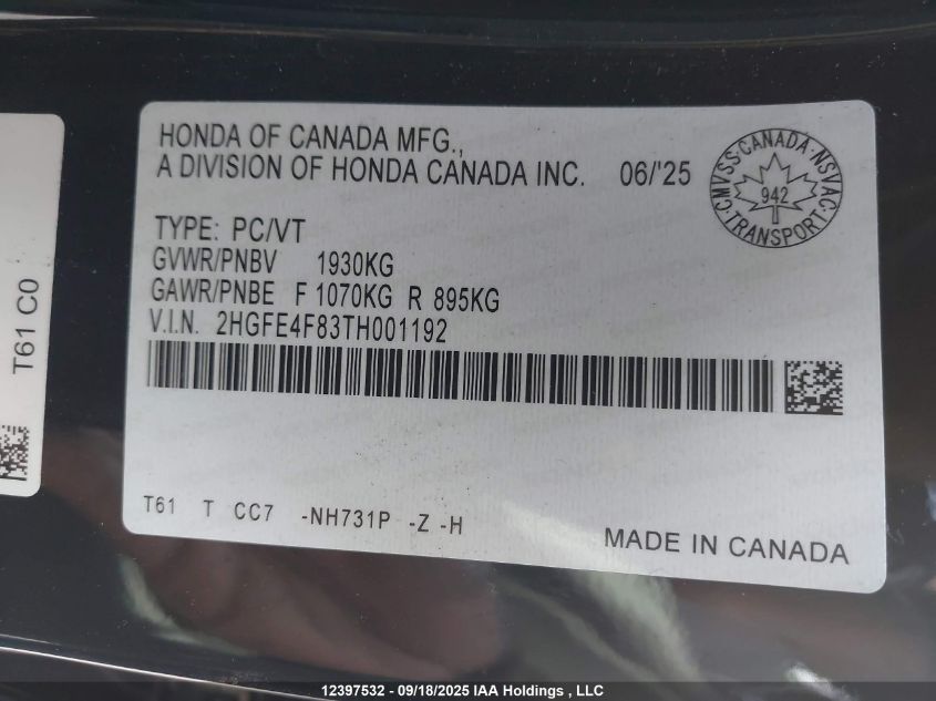 2026 Honda Civic Hybrid Sport/Sport Touring VIN: 2HGFE4F83TH001192 Lot: 12397532