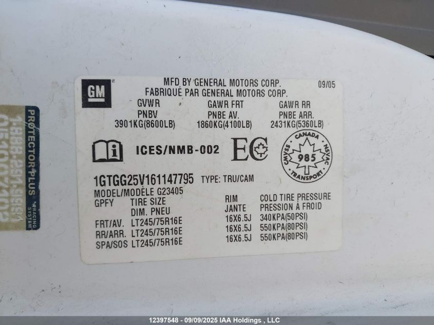 2006 GMC Savana Standard VIN: 1GTGG25V161147795 Lot: 12397548