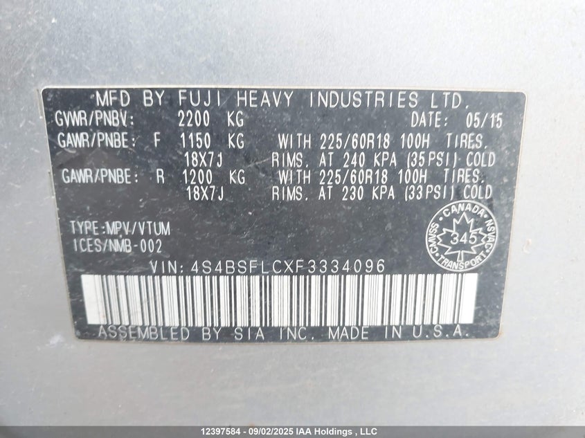 4S4BSFLCXF3334096 2015 SUBARU OUTBACK photo no. 9