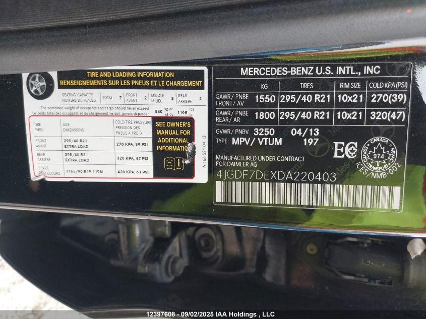 2013 Mercedes-Benz Gl 550 4Matic VIN: 4JGDF7DEXDA220403 Lot: 12397608