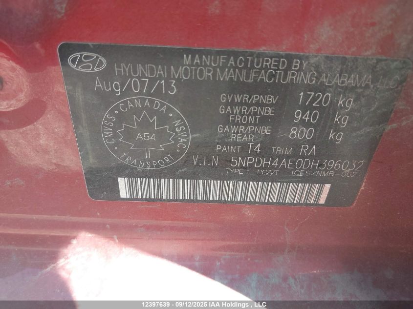 2013 Hyundai Elantra Gl VIN: 5NPDH4AE0DH396032 Lot: 12397639