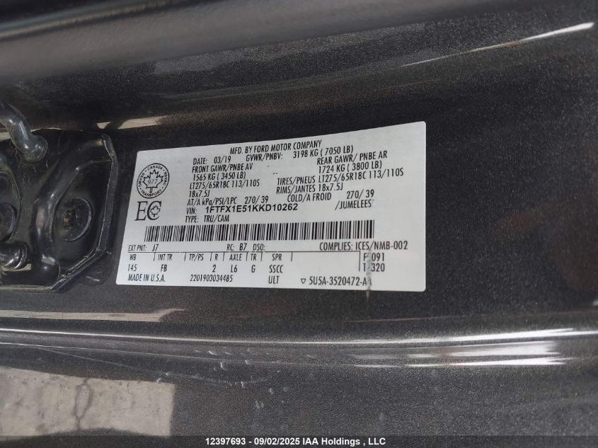 2019 Ford F150 Super Cab VIN: 1FTFX1E51KKD10262 Lot: 12397693