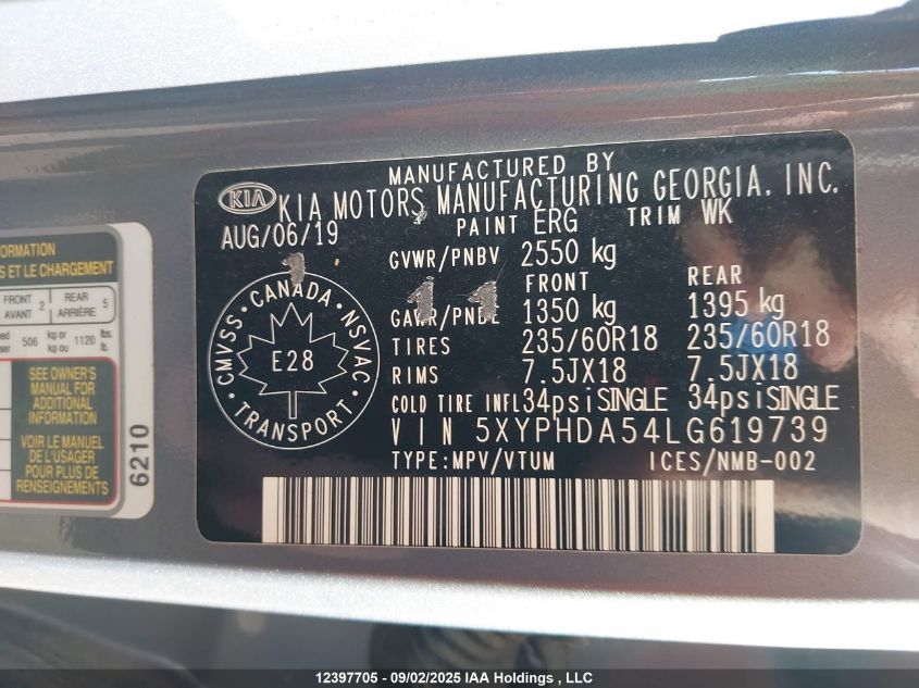 2020 Kia Sorento 3.3L Ex/3.3L Ex+ VIN: 5XYPHDA54LG619739 Lot: 12397705