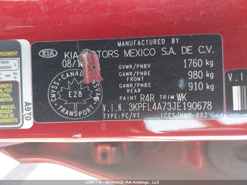 2018 Kia Forte Lx/Lx+ VIN: 3KPFL4A73JE190678 Lot: 12397716