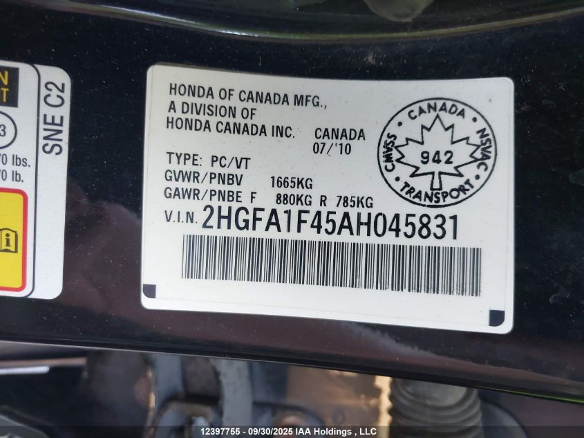 2010 Honda Civic Dx-G VIN: 2HGFA1F45AH045831 Lot: 12397755