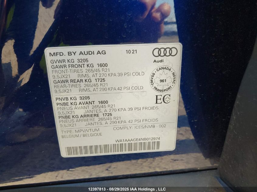 2022 Audi E-Tron Premium VIN: WA1AAAGE4NB012974 Lot: 12397813