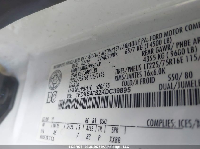 2019 Ford E-450 Cutaway VIN: 1FDXE4FS2KDC39895 Lot: 12397903