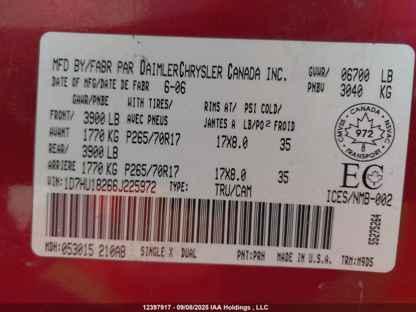 2006 Dodge Ram 1500 St/Slt VIN: 1D7HU18266J225972 Lot: 12397917