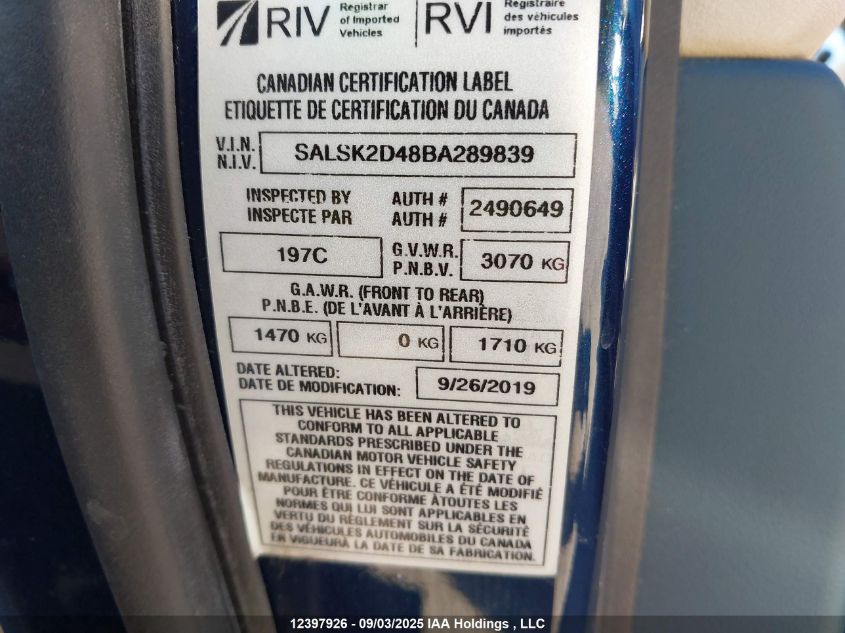 2011 Land Rover Range Rover Sport Lux VIN: SALSK2D48BA289839 Lot: 12397926