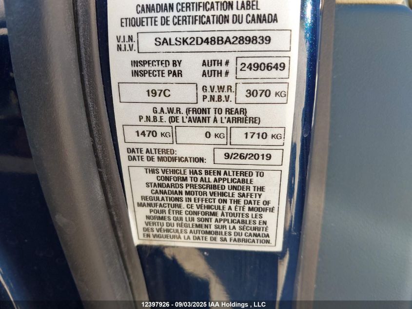 2011 Land Rover Range Rover Sport Lux VIN: SALSK2D48BA289839 Lot: 12397926