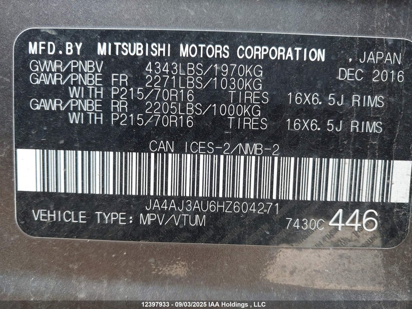 2017 Mitsubishi Rvr Se VIN: JA4AJ3AU6HZ604271 Lot: 12397933